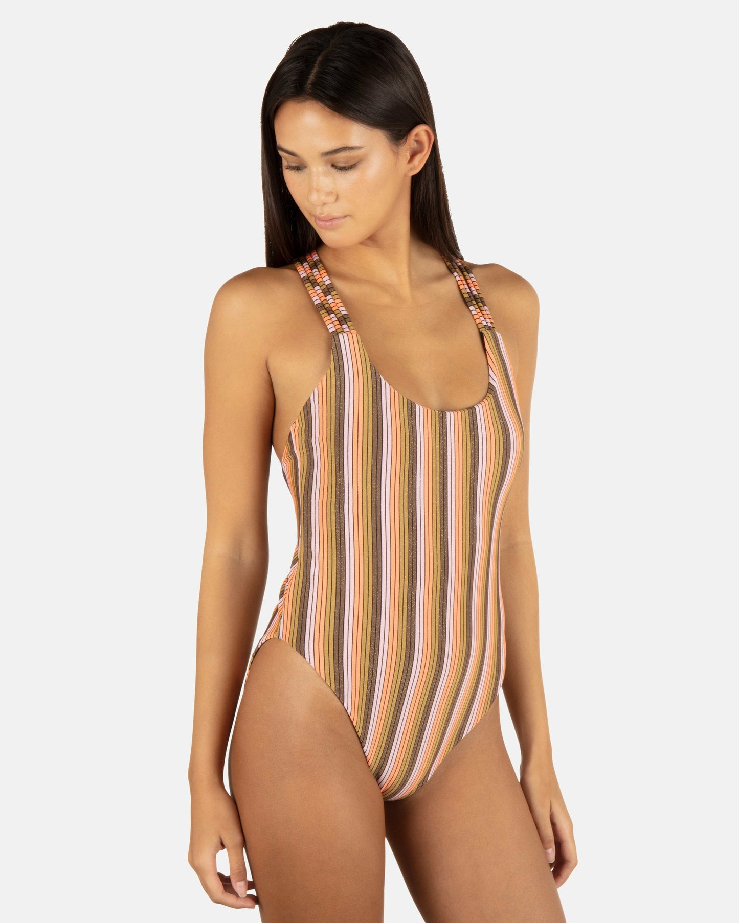 Sunset Shine Stripe Moderate Crossback One Piece | Hurley Sunrise Pink Bikinis