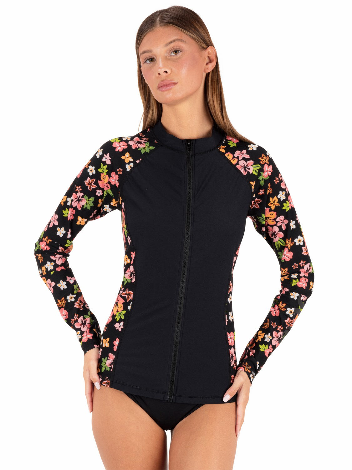 Hibiscus Dream Long Sleeve Front Zip Rashguard | Hurley Black Floral Rashguards & Surf Suits