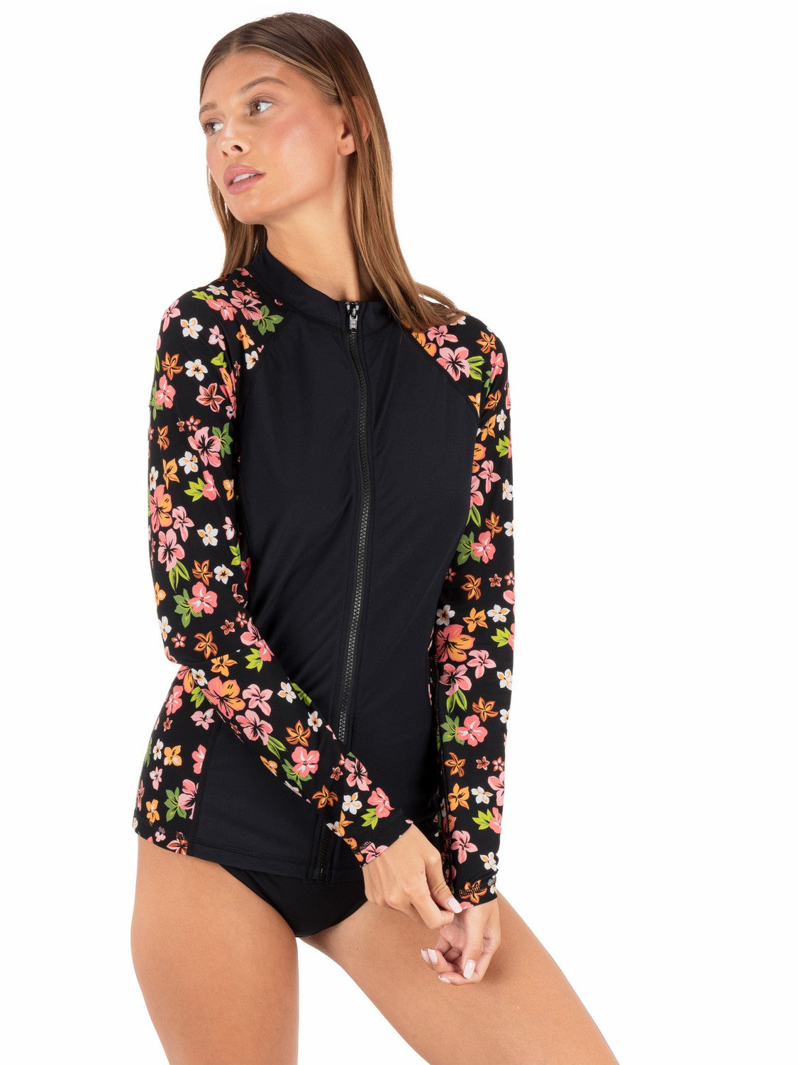 Hibiscus Dream Long Sleeve Front Zip Rashguard | Hurley Black Floral Rashguards & Surf Suits