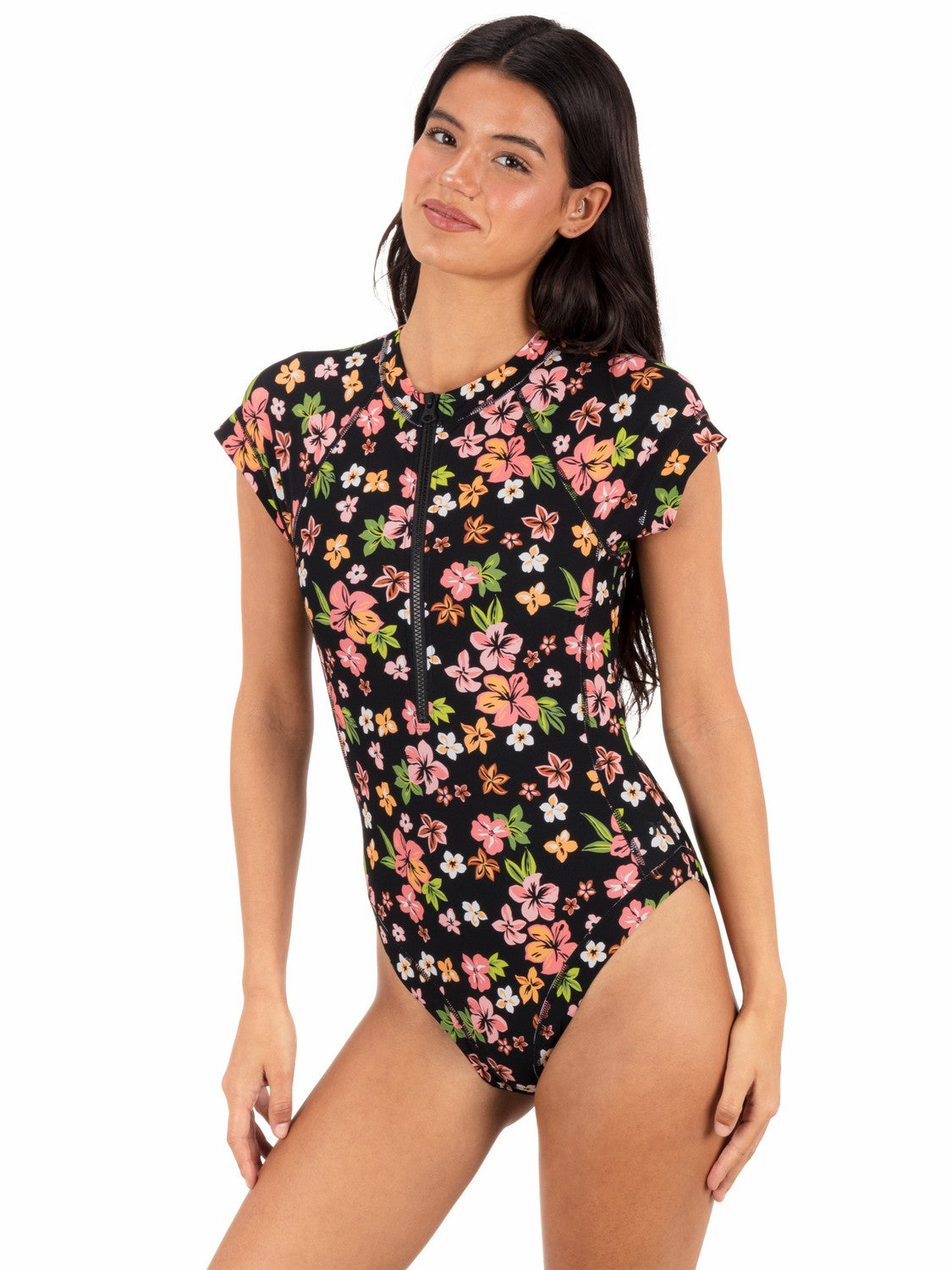 Max Hibiscus Dream Cheeky Short Sleeve Surfsuit | Hurley Black Floral One Pieces & Surfsuits