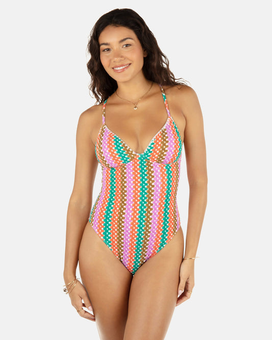 Printed Stripe Crochet Scrunch Soft Cup Moderate One Piece | Hurley Orchid One Pieces & Surfsuits