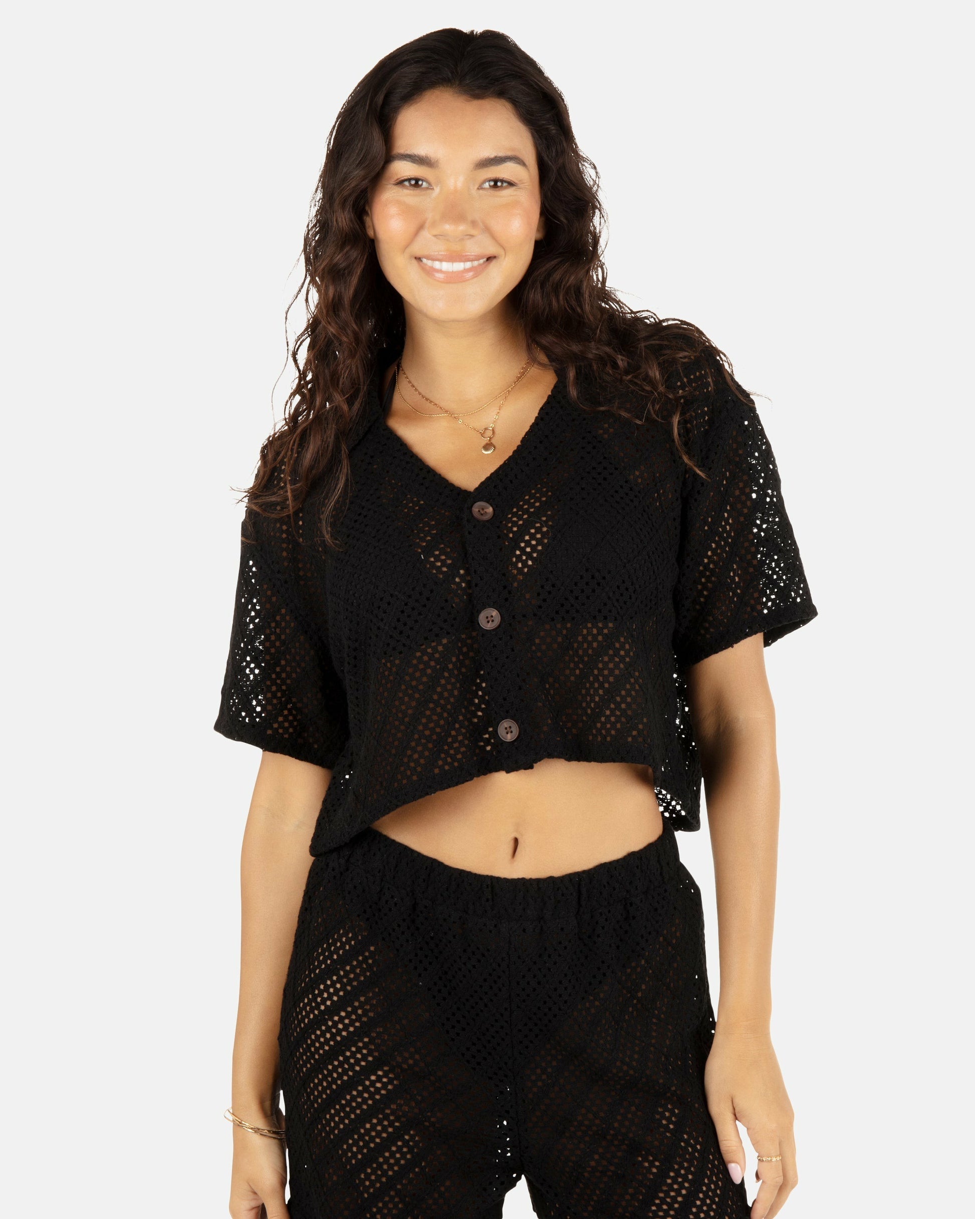 Crochet Camp Shirt | Hurley Black Tops
