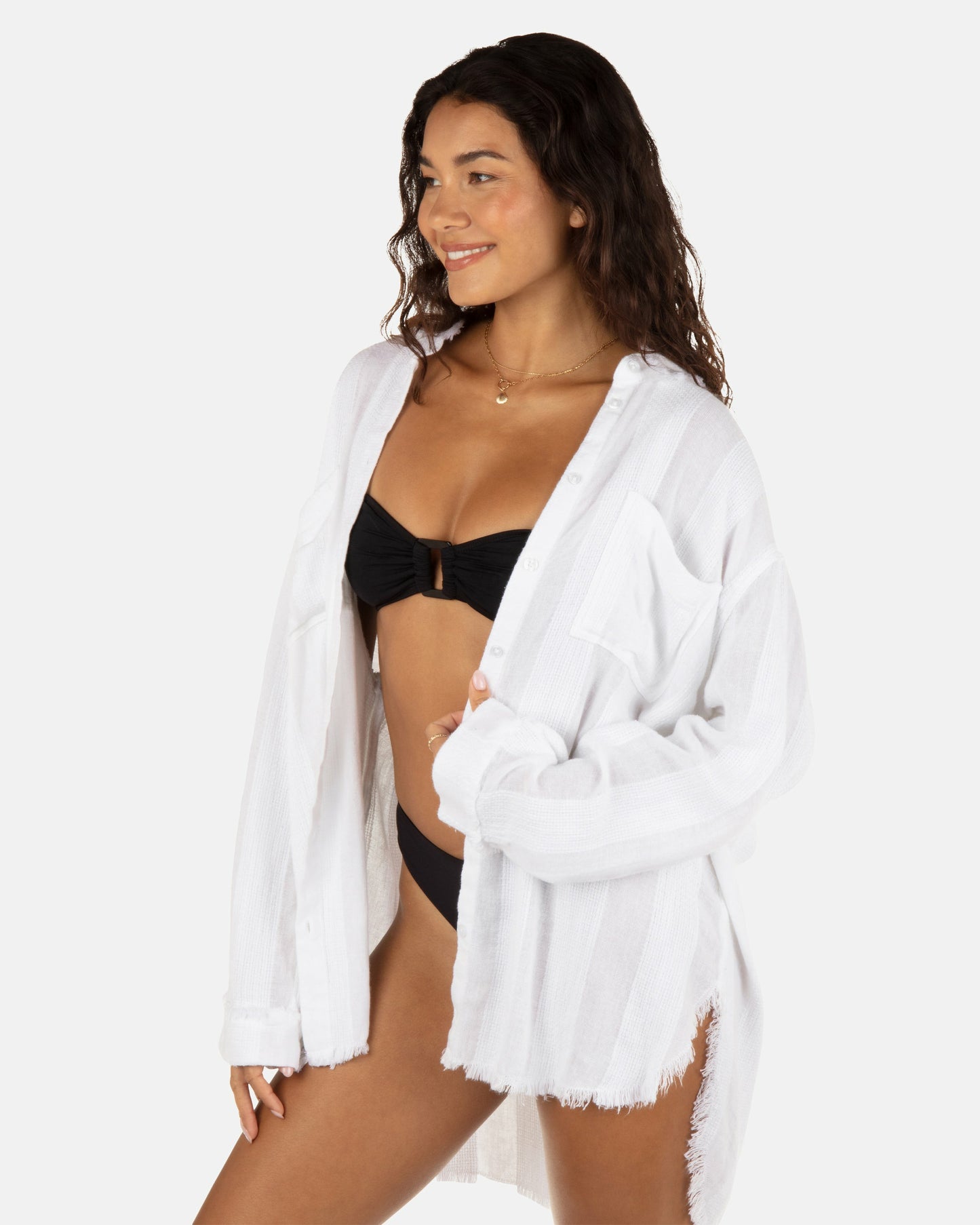 Solid Stripe Gauze Long Sleeve Button Front Shirt | Hurley White Tops