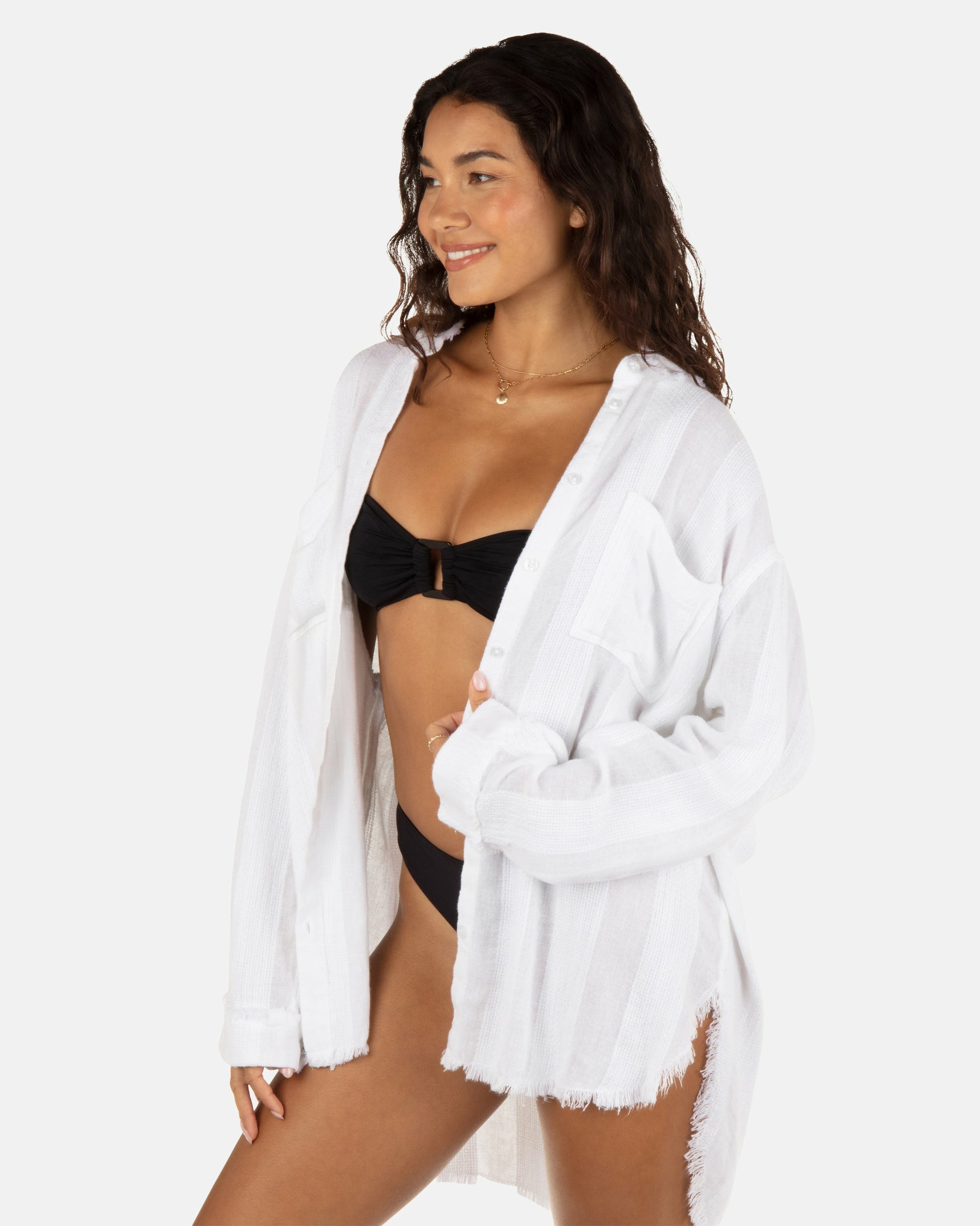 Solid Stripe Gauze Long Sleeve Button Front Shirt | Hurley White Tops