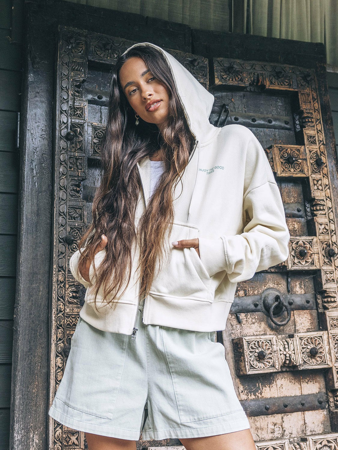 Enjoy The Good Crop Zip Hoodie | Hurley Off White Sweatshirts & Sweaters