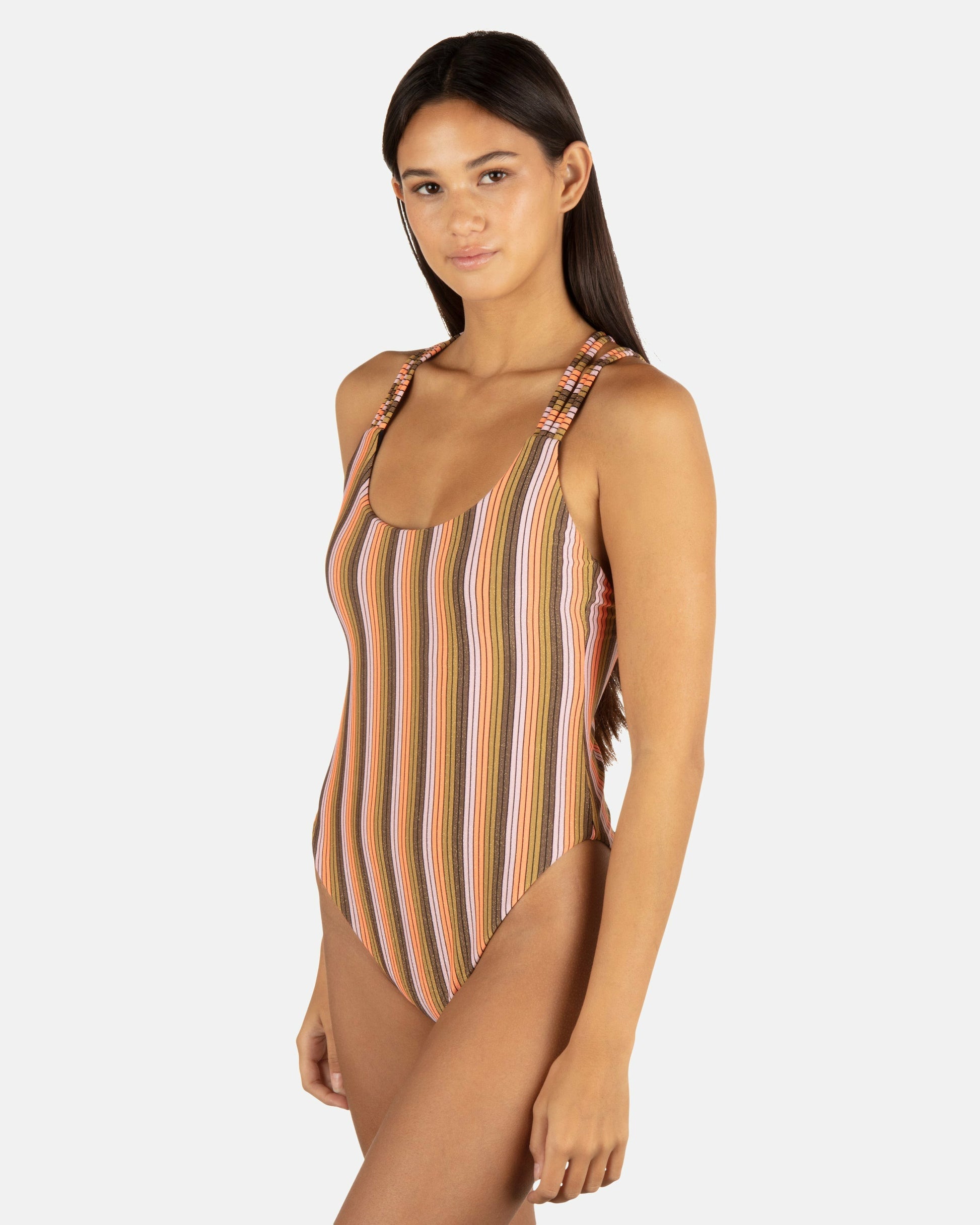 Sunset Shine Stripe Moderate Crossback One Piece | Hurley Sunrise Pink Bikinis
